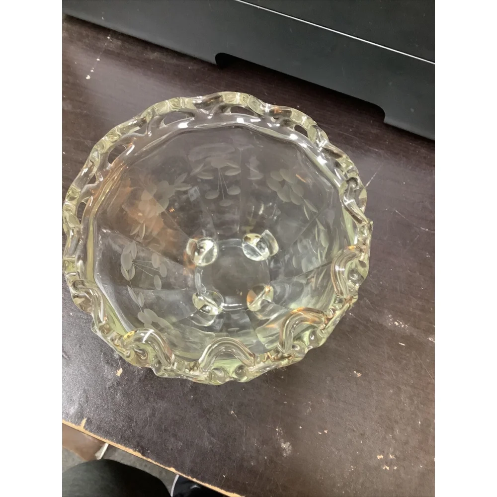 Vintage Glass Etched Floral Crystal 4 Footed Compote Bowl with Lace Top Imperial